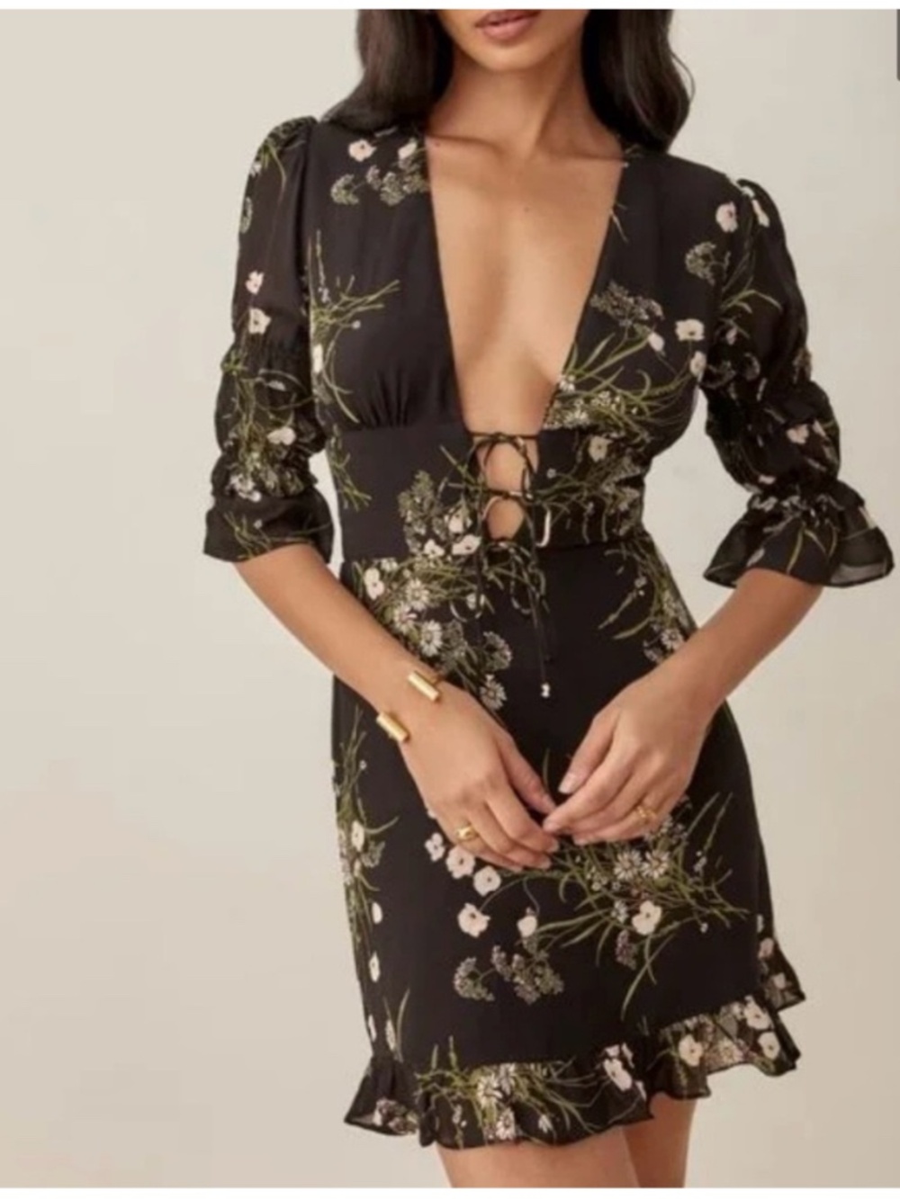 Reformation Laurelei Black Floral Deep V-Neck Mini Dress 4 Coquette Romantic
